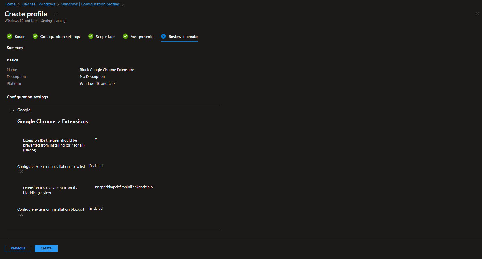 Reviewing the configuration profile with blocklist and allow list